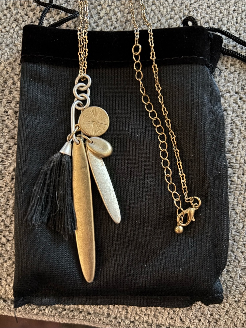 Gold-Tone Multi Charm Tassel Necklace - Black Tassel